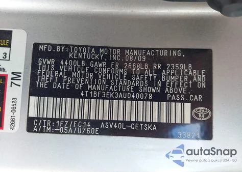 2010 Toyota Camry Se from USA, damaged, VIN 4T1BF3EK3AU040078